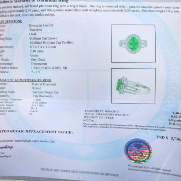 Tsavorite 2.40ct Diamonds Solid 950 Platinum Ring - Picture 5 of 9